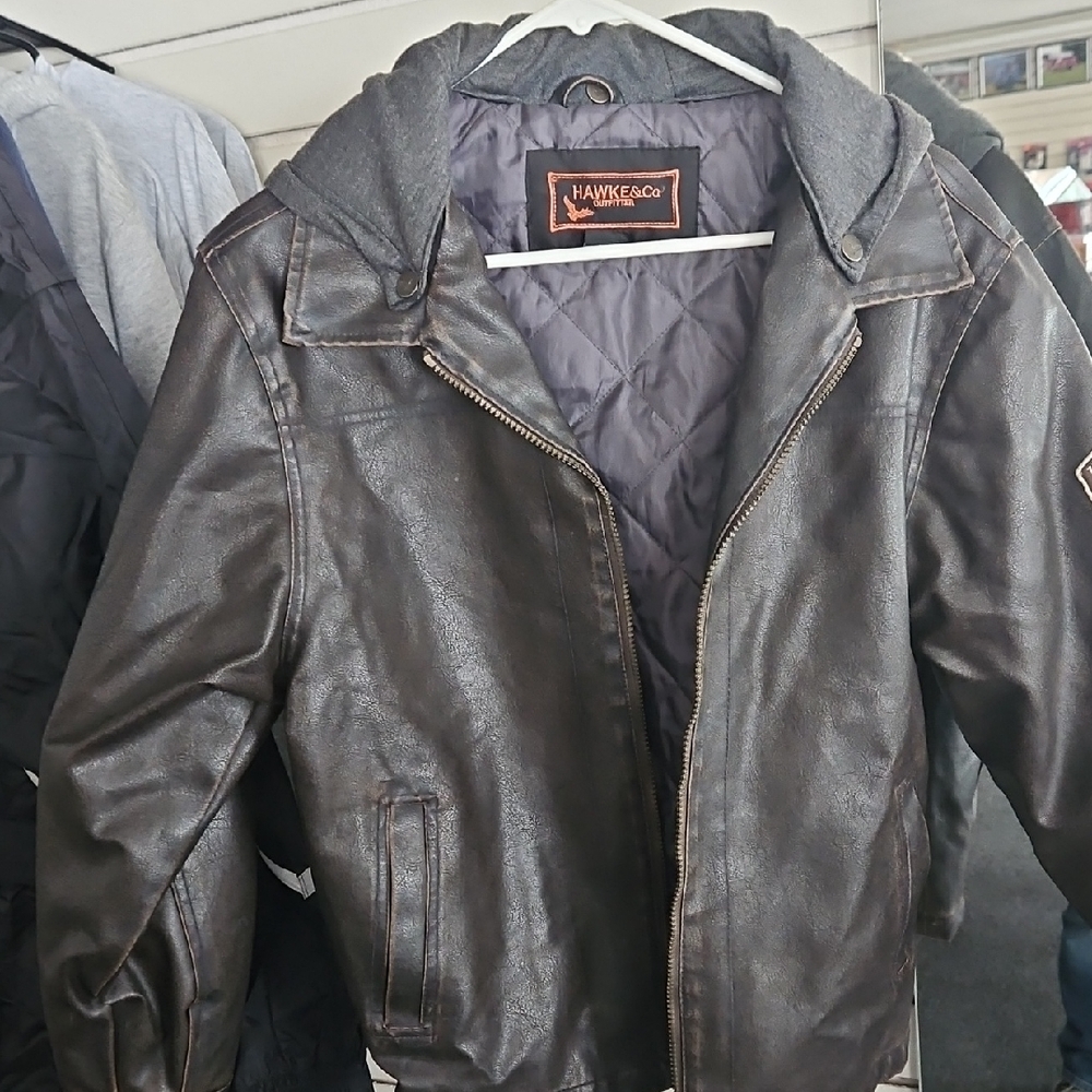 Hawke & Co Brown Faux-Leather Hooded Bomber Jacket